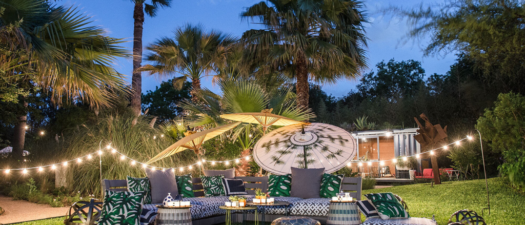 An outdoor seating setup for a wedding reception in San Antonio